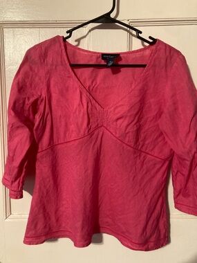 Ann Taylor Hot Pink V-Neck 100% Irish Linen-Tunic Top